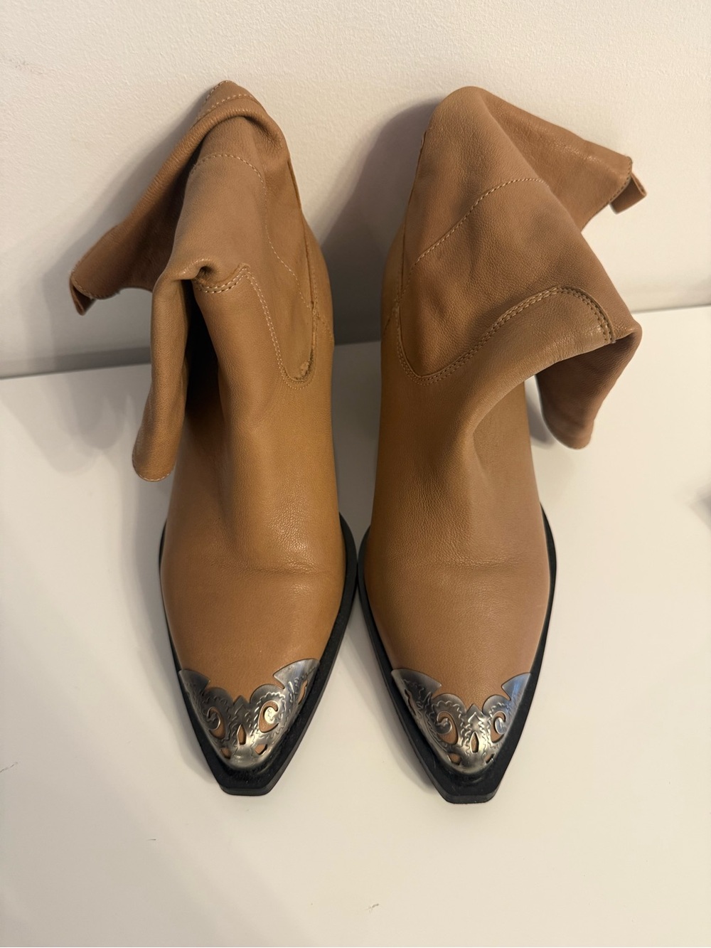 Anthropologie Tan Leather Pointed Western Booties with Silver Toe Accents